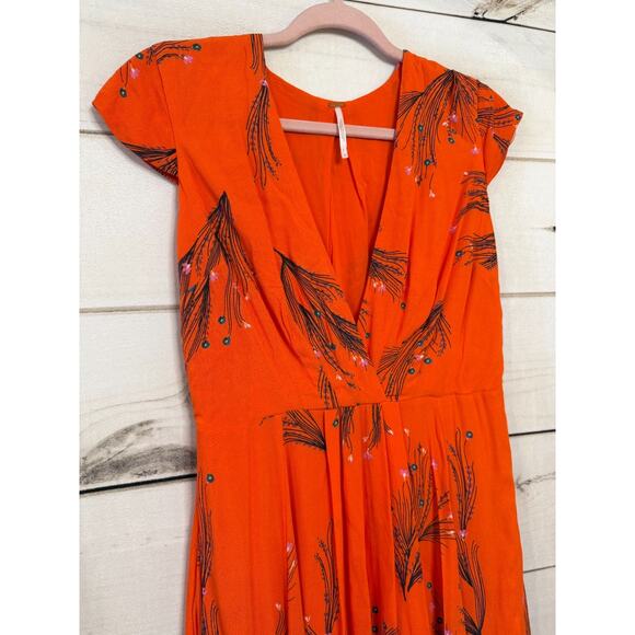 Free People Midi Dress Orange Floral Print Size 4 Pockets Boho Chic - Picture 5 of 5